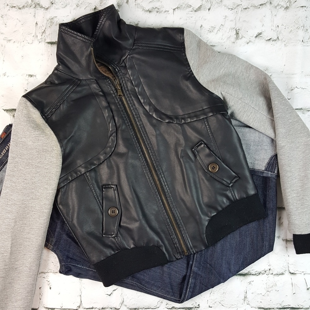 Faux Leather Moto Jacket with Sweatshirt Sleeves
